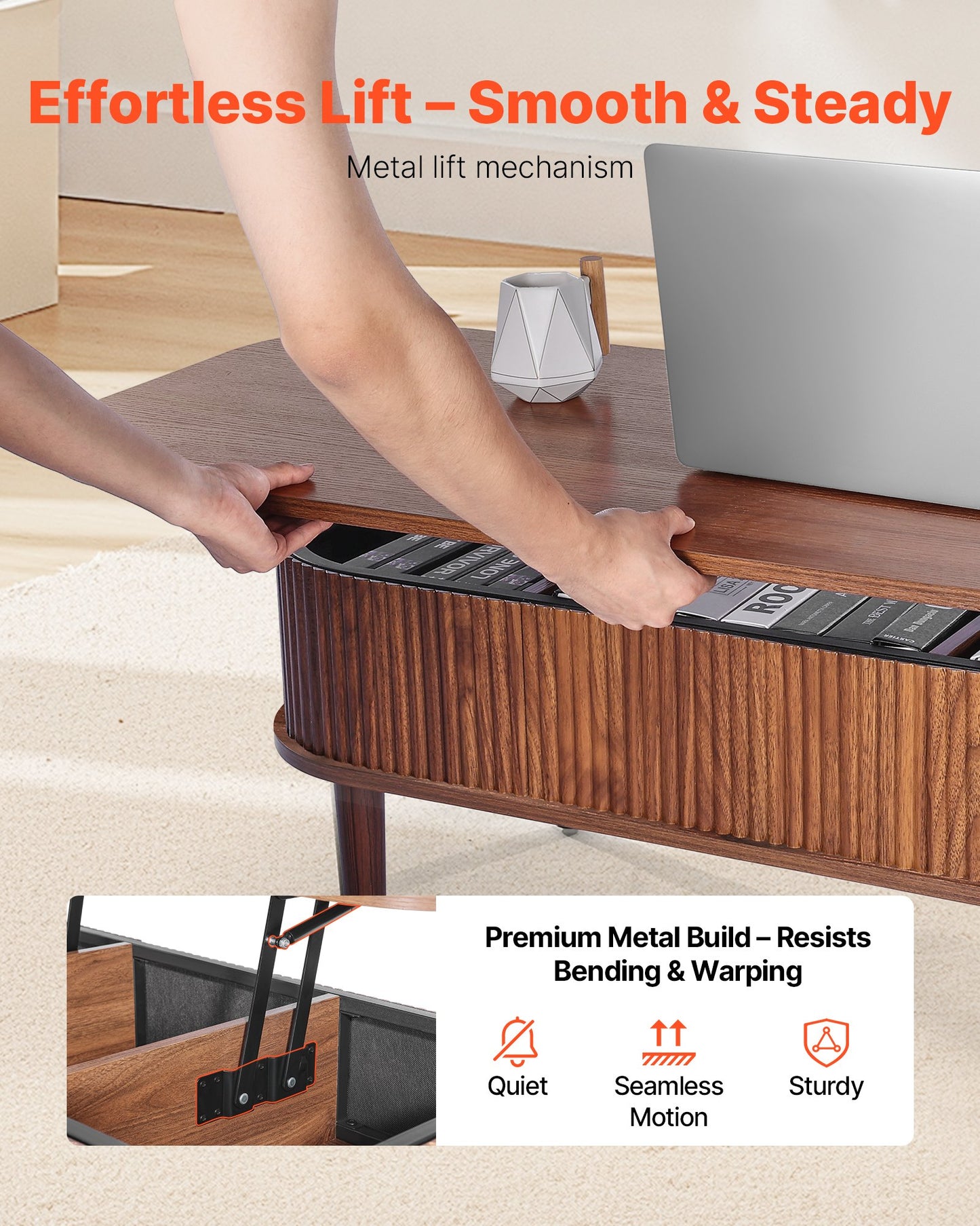 1000 mm Lift Top Coffee Table, Fluted Oval Coffee Table with 3 Hidden Compartment, Mid Century Wooden Oval Center Desk with Storage, Lift Up Tabletop for Home & Office, Easy Assembly, Walnut