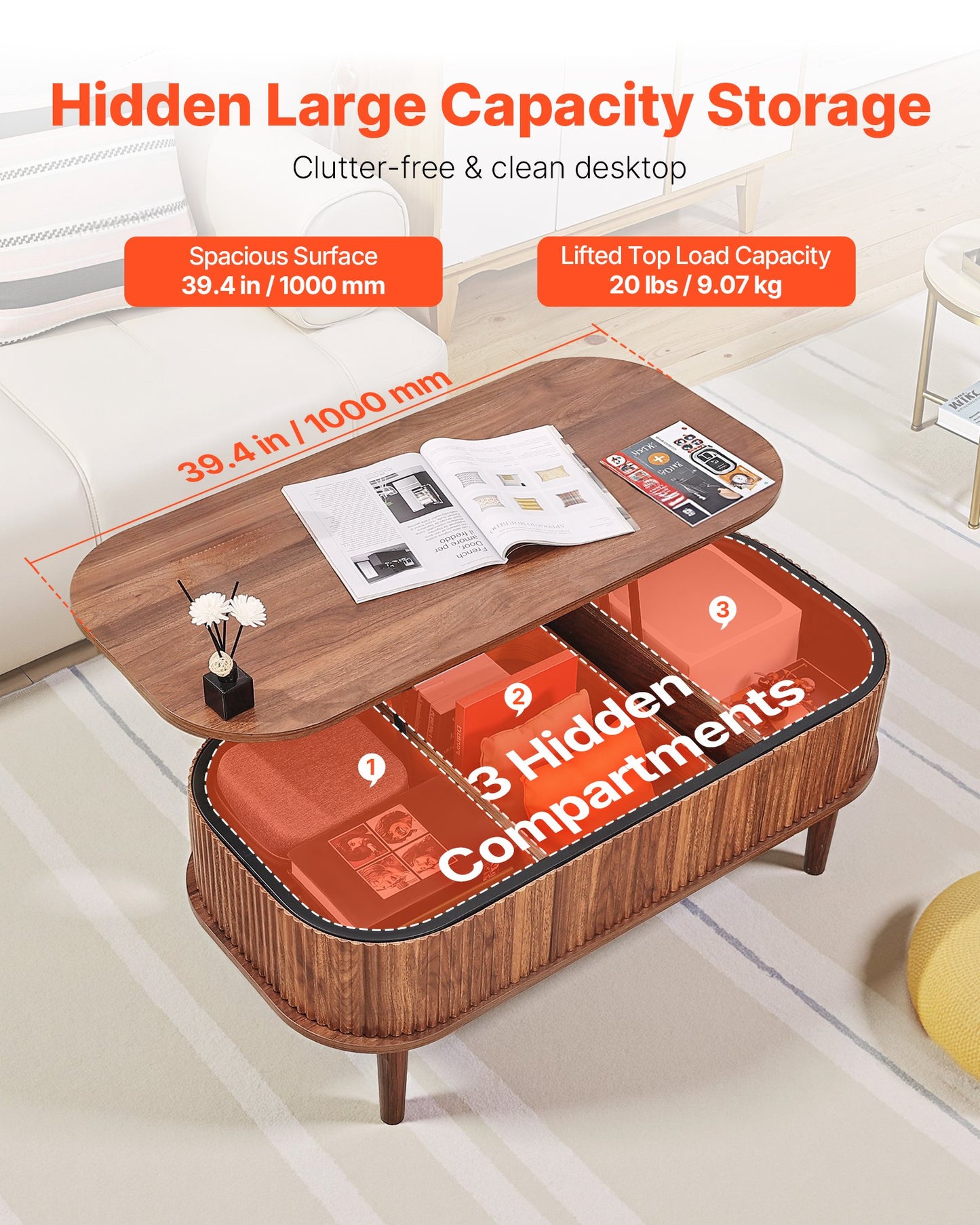 1000 mm Lift Top Coffee Table, Fluted Oval Coffee Table with 3 Hidden Compartment, Mid Century Wooden Oval Center Desk with Storage, Lift Up Tabletop for Home & Office, Easy Assembly, Walnut