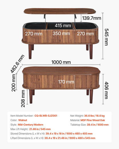 1000 mm Lift Top Coffee Table, Fluted Oval Coffee Table with 3 Hidden Compartment, Mid Century Wooden Oval Center Desk with Storage, Lift Up Tabletop for Home & Office, Easy Assembly, Walnut