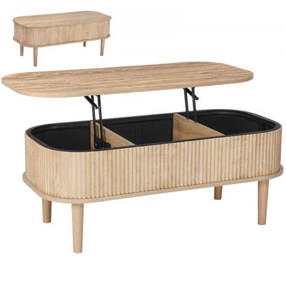 1000 mm Lift Top Coffee Table, Fluted Oval Coffee Table with 3 Hidden Compartment, Mid Century Wooden Oval Center Desk with Storage, Lift Up Tabletop for Home & Office, Easy Assembly, Burlywood
