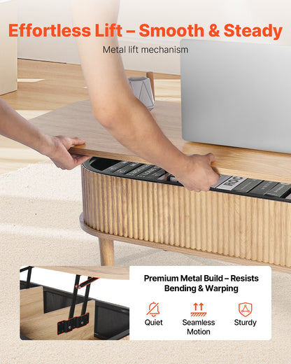 1000 mm Lift Top Coffee Table, Fluted Oval Coffee Table with 3 Hidden Compartment, Mid Century Wooden Oval Center Desk with Storage, Lift Up Tabletop for Home & Office, Easy Assembly, Burlywood