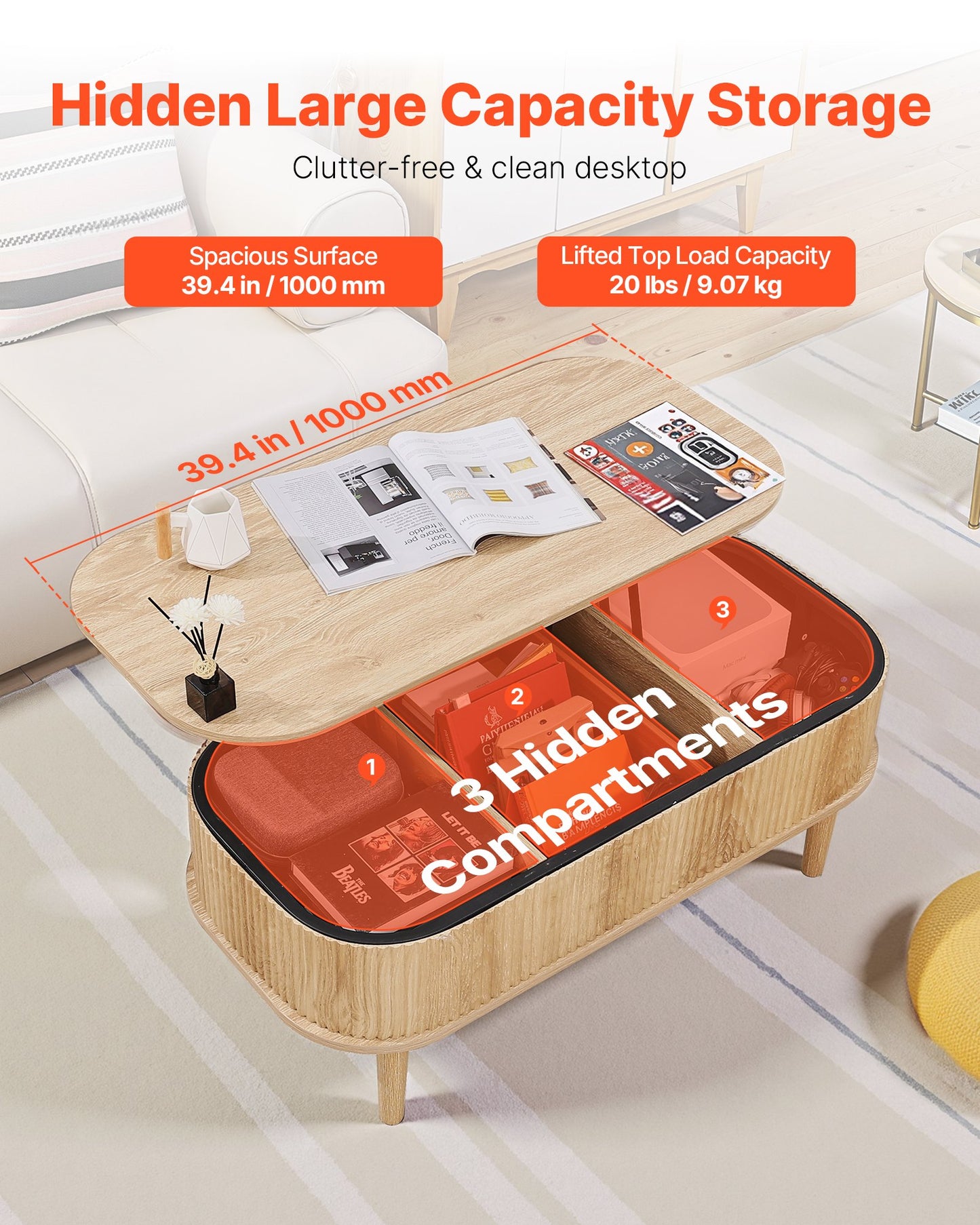 1000 mm Lift Top Coffee Table, Fluted Oval Coffee Table with 3 Hidden Compartment, Mid Century Wooden Oval Center Desk with Storage, Lift Up Tabletop for Home & Office, Easy Assembly, Burlywood