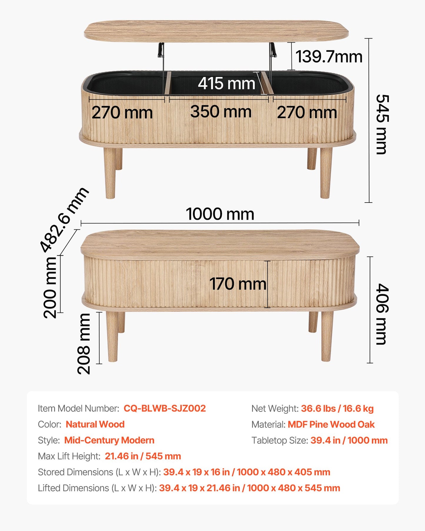 1000 mm Lift Top Coffee Table, Fluted Oval Coffee Table with 3 Hidden Compartment, Mid Century Wooden Oval Center Desk with Storage, Lift Up Tabletop for Home & Office, Easy Assembly, Burlywood
