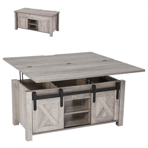 1000 mm lyftbart soffbord i lantlig stil, rustikt mittbord med ladugårdsdörr och dolt förvaringsfack, modern rektangulär lyftbar bordsskiva för vardagsrum, kontor, hem, enkel montering, ek