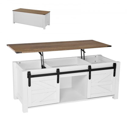1200 mm lyftbart soffbord i lantlig stil, rustikt mittbord med ladugårdsdörr och dolt förvaringsfack, modern rektangulär lyftbar bordsskiva för vardagsrum, kontor, hem, enkel montering, vit