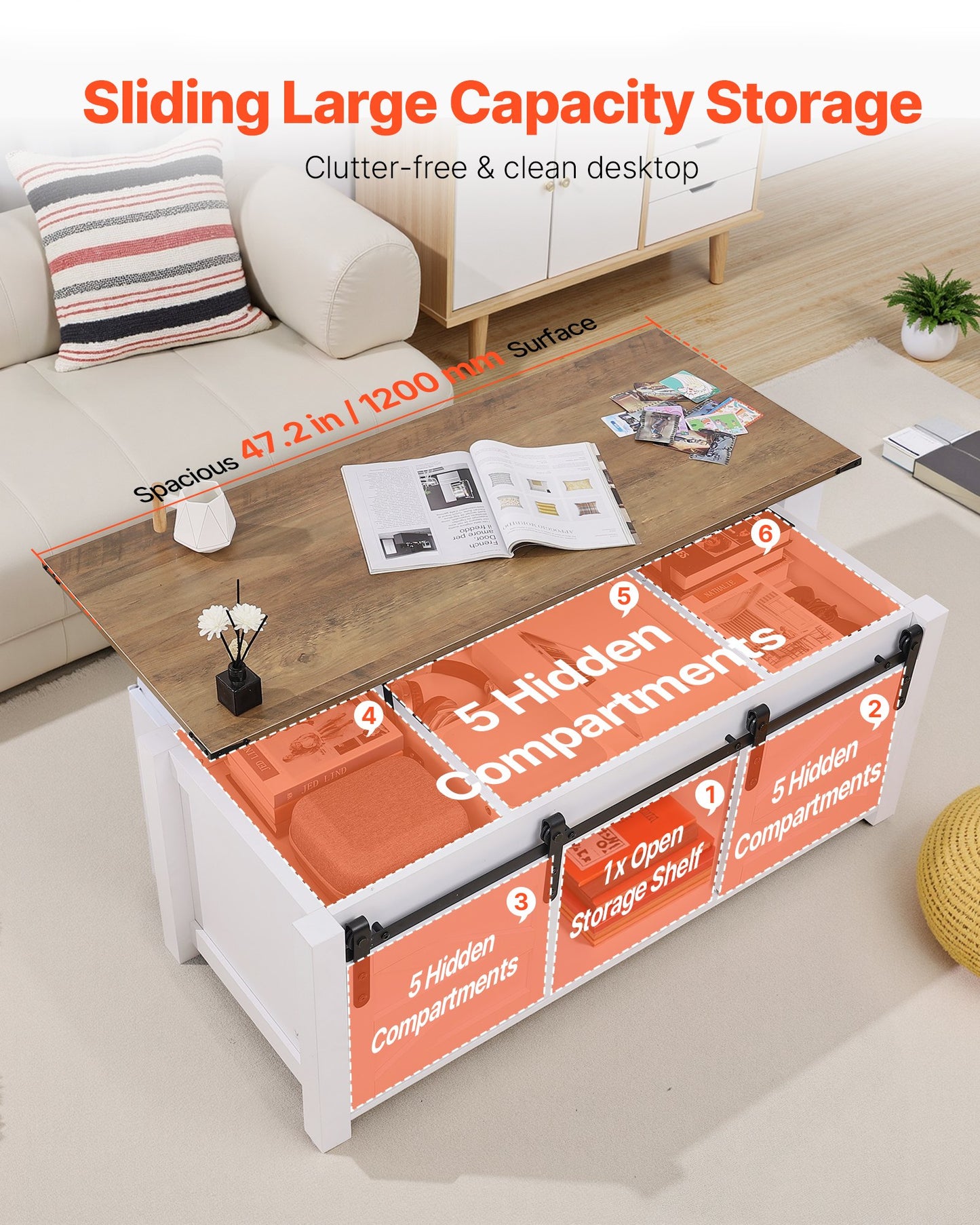 1200 mm lyftbart soffbord i lantlig stil, rustikt mittbord med ladugårdsdörr och dolt förvaringsfack, modern rektangulär lyftbar bordsskiva för vardagsrum, kontor, hem, enkel montering, vit