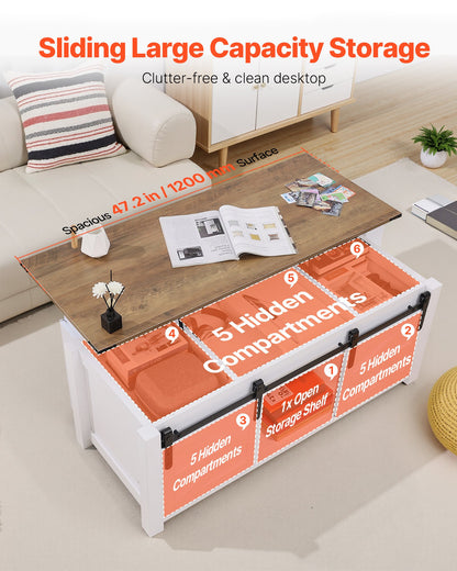 1200 mm lyftbart soffbord i lantlig stil, rustikt mittbord med ladugårdsdörr och dolt förvaringsfack, modern rektangulär lyftbar bordsskiva för vardagsrum, kontor, hem, enkel montering, vit