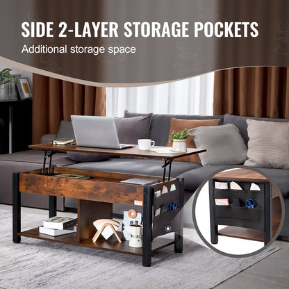 Lift Top Coffee Table, 41.7 in Rectangle Coffee Table with Extra Storage Pockets, Pop Up Coffee Table for Living Room, Brown