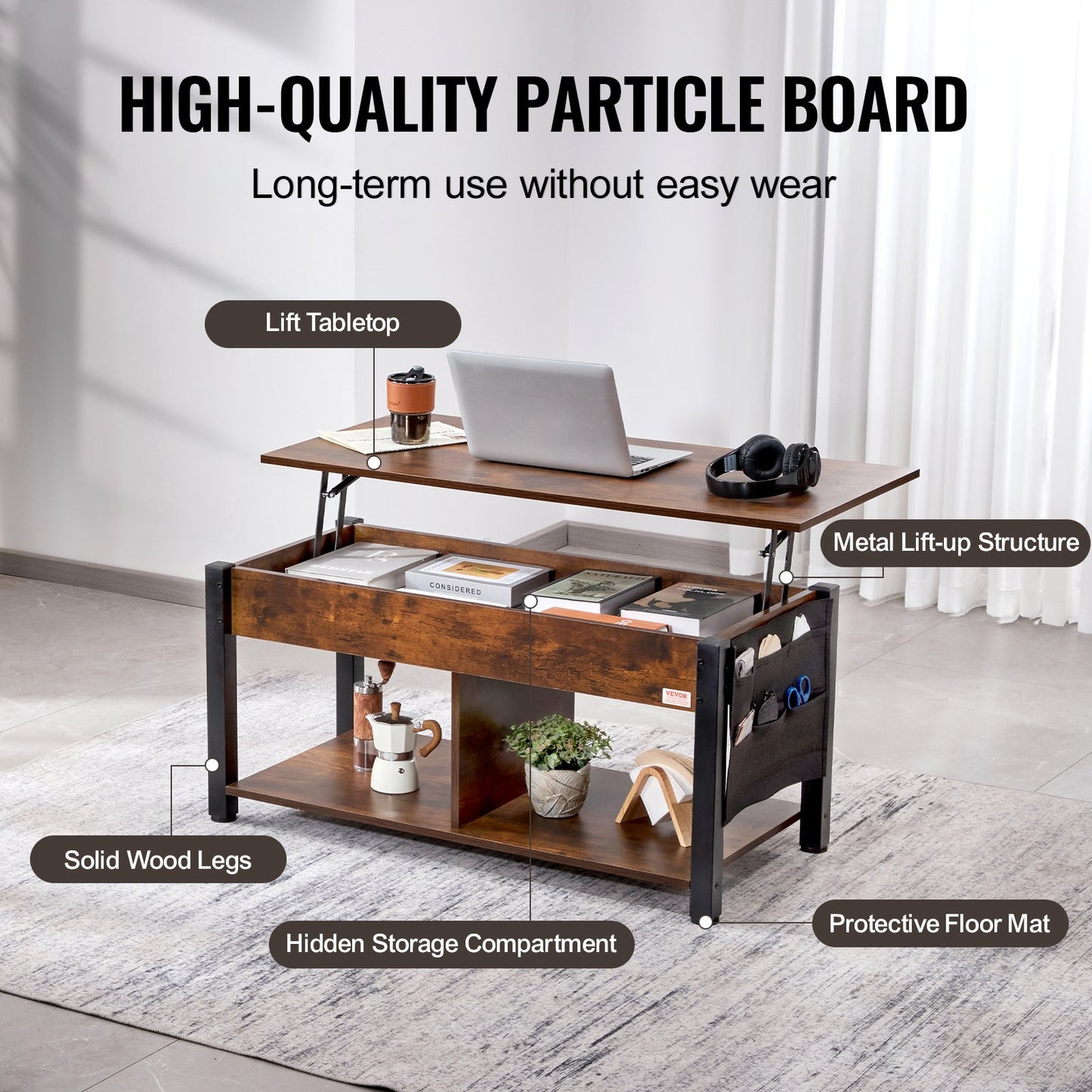 Lift Top Coffee Table, 41.7 in Rectangle Coffee Table with Extra Storage Pockets, Pop Up Coffee Table for Living Room, Brown