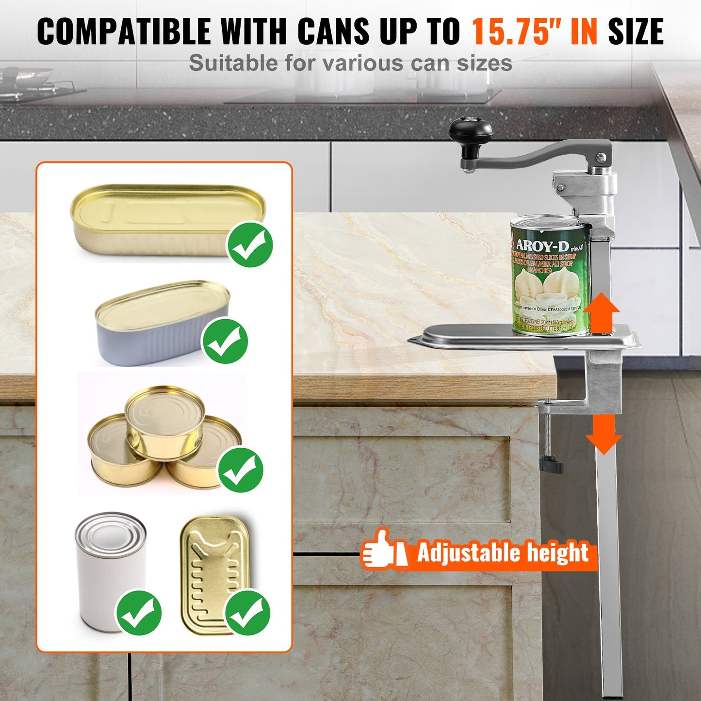 Commercial Can Opener, Heavy-Duty Manual Tabletop Cans Opener for Cans Up to 400 mm Height, Height-Adjustable Can Openers Fixed with Screws & Table Clamp, for Restaurant, Hotel, and Food Store