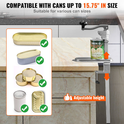 Commercial Can Opener, Heavy-Duty Manual Tabletop Cans Opener for Cans Up to 400 mm Height, Height-Adjustable Can Openers Fixed with Screws & Table Clamp, for Restaurant, Hotel, and Food Store