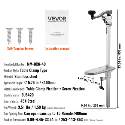 Commercial Can Opener, Heavy-Duty Manual Tabletop Cans Opener for Cans Up to 400 mm Height, Height-Adjustable Can Openers Fixed with Screws & Table Clamp, for Restaurant, Hotel, and Food Store