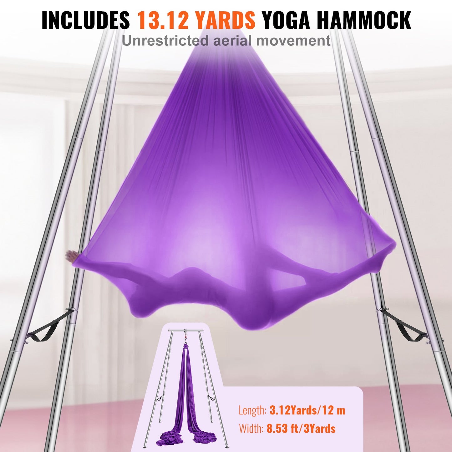 Aerial Yoga-ram och yogahängmatta, 9,67 fot hög, professionellt yoga-gungstativ, levereras med 13,1 meter hängmatta, max 237 kg lastkapacitet, yogarigg för inomhus- och utomhusyoga, lila