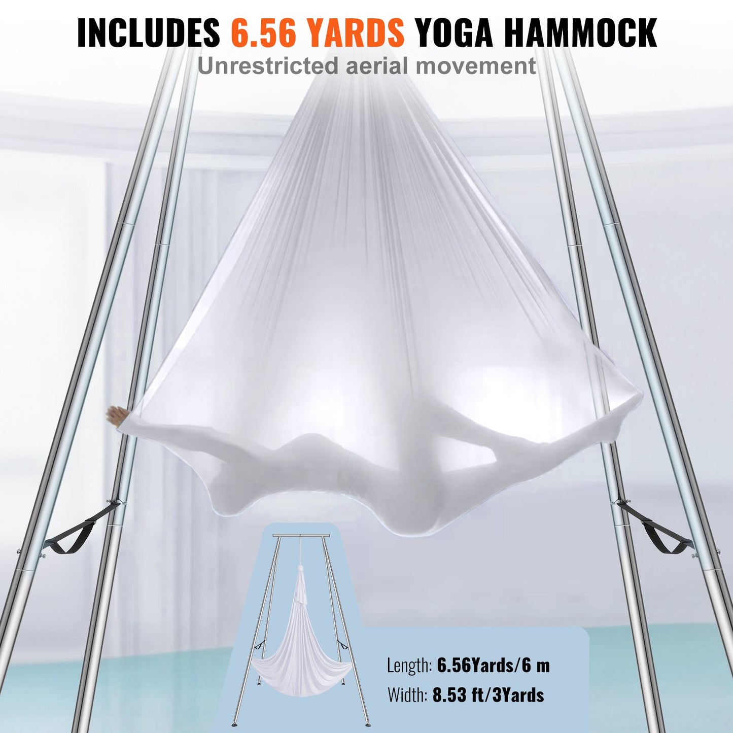 Aerial Yoga Frame & Yoga Hammock, 9.67 ft Height Professional Yoga Swing Stand Comes with 6.6 Yards Aerial Hammock, Max 551.15 lbs Load Capacity Yoga Rig for Indoor Outdoor Aerial Yoga, White