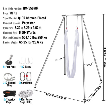 Aerial Yoga Frame & Yoga Hammock, 9.67 ft Height Professional Yoga Swing Stand Comes with 6.6 Yards Aerial Hammock, Max 551.15 lbs Load Capacity Yoga Rig for Indoor Outdoor Aerial Yoga, White