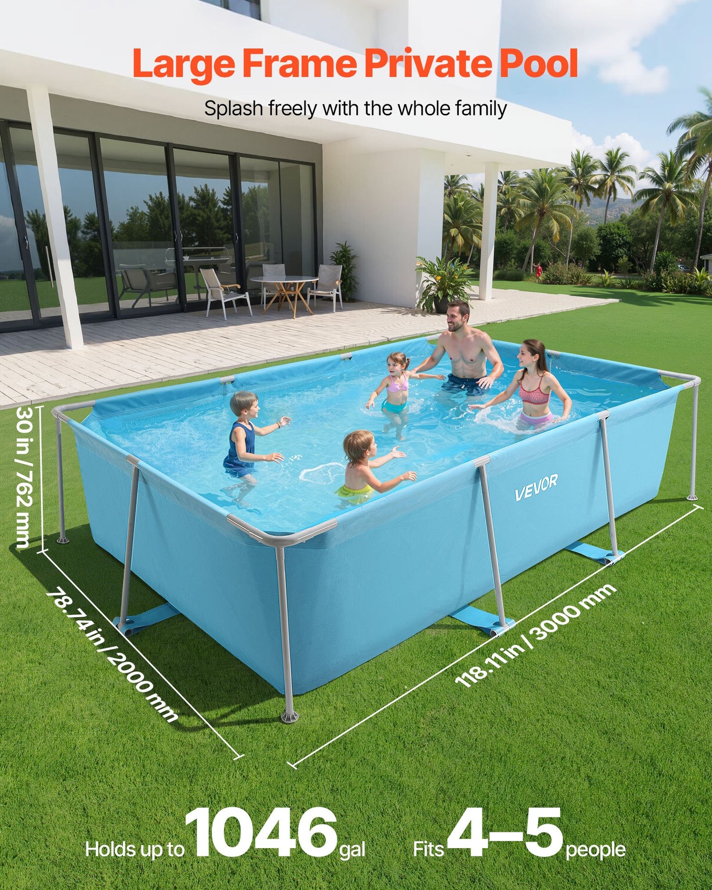 Frame Above Ground Swimming Pool, 3 x 2 x 0.762 m Rectangular Steel Metal Frame, Large Rectangle Outdoor Backyard Family Pool, Easy to Assemble Rust-Resistant, 3959.54 L Water Capacity, Blue