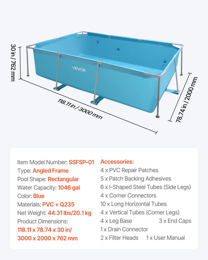 Frame Above Ground Swimming Pool, 3 x 2 x 0.762 m Rectangular Steel Metal Frame, Large Rectangle Outdoor Backyard Family Pool, Easy to Assemble Rust-Resistant, 3959.54 L Water Capacity, Blue
