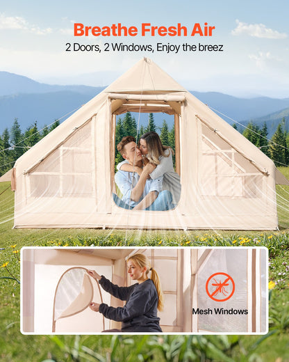 Uppblåsbara tält för camping, 3-5 personers lättmonterat uppblåst tält med handpump, 300D Oxford 4 säsonger glampingtält med spisuttag, 2 dörrar och 2 nätfönster, förvaringsväska ingår för enkel förvaring