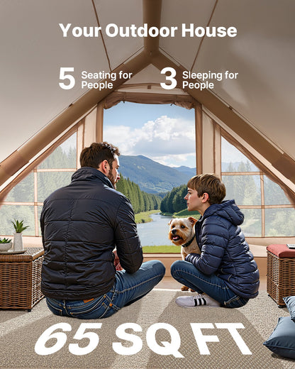 Uppblåsbara tält för camping, 3-5 personer, lättmonterat, uppblåsbart tält med handpump, 300D Oxford 4-säsongers glampingtält med tak, spisjack, 2 dörrar och 2 nätfönster (förvaringsväska ingår)