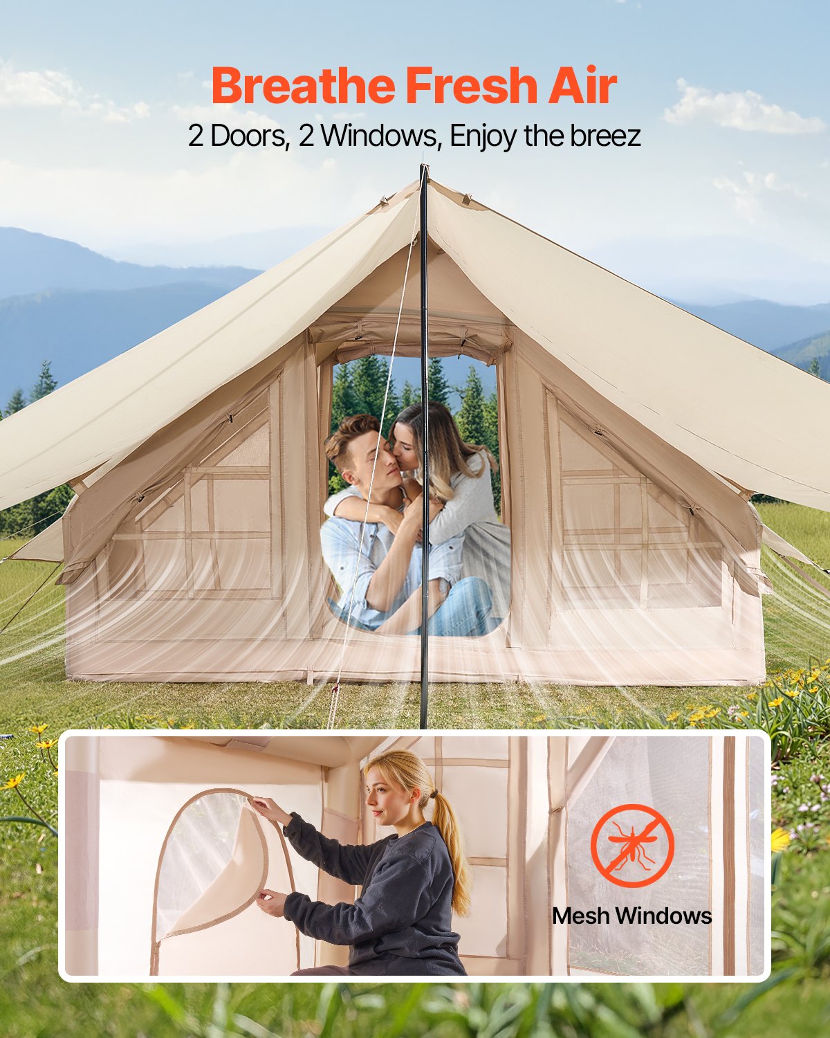 Uppblåsbara tält för camping, 3-5 personer, lättmonterat, uppblåsbart tält med handpump, 300D Oxford 4-säsongers glampingtält med tak, spisjack, 2 dörrar och 2 nätfönster (förvaringsväska ingår)