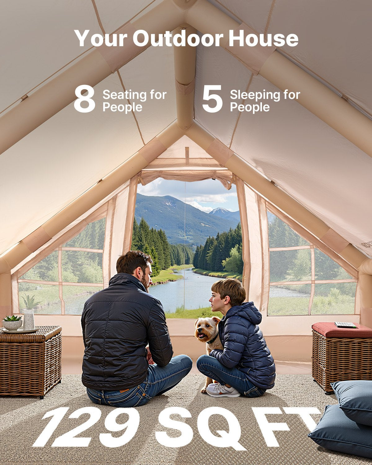 Uppblåsbara tält för camping, 5-8 personers lättmonterat uppblåst tält med handpump, 300D Oxford glampingtält med spisuttag, 2 dörrar och 4 nätfönster, förvaringsväska ingår för enkel förvaring