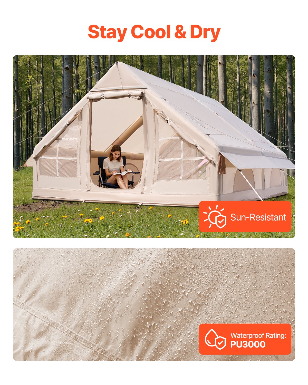 Uppblåsbara tält för camping, 5-8 personers lättmonterat uppblåst tält med handpump, 300D Oxford glampingtält med spisuttag, 2 dörrar och 4 nätfönster, förvaringsväska ingår för enkel förvaring