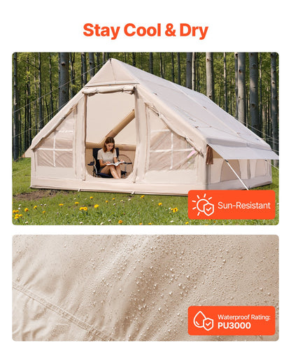 Uppblåsbara tält för camping, 5-8 personers lättmonterat uppblåst tält med handpump, 300D Oxford glampingtält med spisuttag, 2 dörrar och 4 nätfönster, förvaringsväska ingår för enkel förvaring