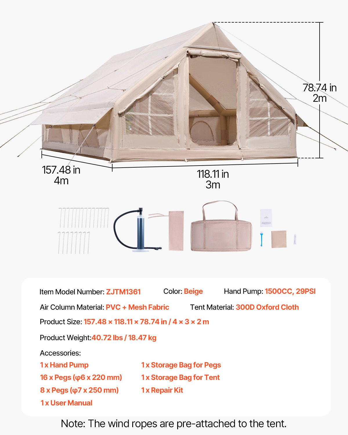 Uppblåsbara tält för camping, 5-8 personers lättmonterat uppblåst tält med handpump, 300D Oxford glampingtält med spisuttag, 2 dörrar och 4 nätfönster, förvaringsväska ingår för enkel förvaring