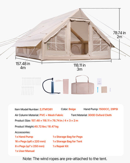 Uppblåsbara tält för camping, 5-8 personers lättmonterat uppblåst tält med handpump, 300D Oxford glampingtält med spisuttag, 2 dörrar och 4 nätfönster, förvaringsväska ingår för enkel förvaring