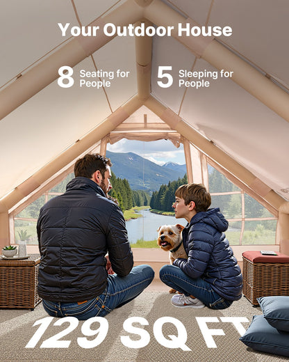 Inflatable Tents for Camping, 5-8 Person Easy Setup Blow up Tent with Hand Pump, 300D Oxford Glamping Tent with Stove Jack 2 Doors & 4 Mesh Windows, Storage Bag Included for Easy Taking