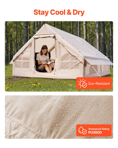 Inflatable Tents for Camping, 5-8 Person Easy Setup Blow up Tent with Hand Pump, 300D Oxford Glamping Tent with Stove Jack 2 Doors & 4 Mesh Windows, Storage Bag Included for Easy Taking