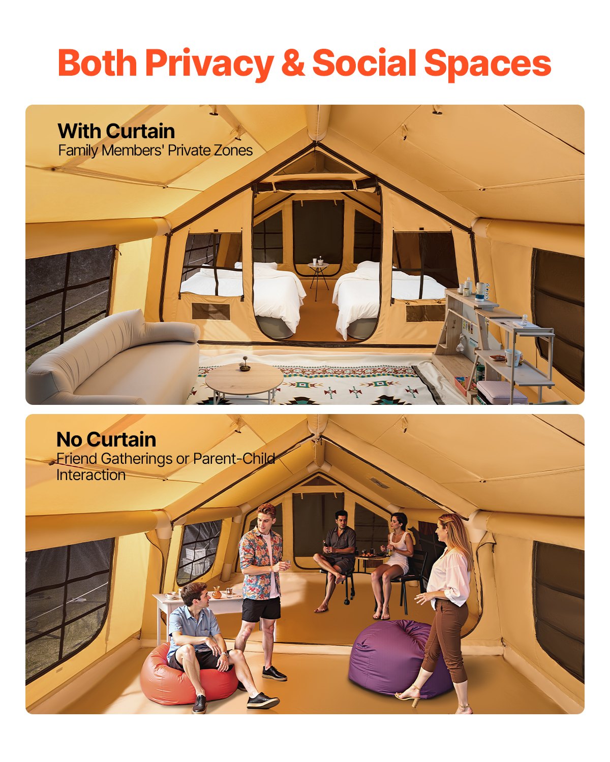 Uppblåsbara tält för camping, 8-12 personers lättmonterat uppblåst tält med handpump, 4 säsonger lyxigt glampingtält med 2 takfönster, tak, spisuttag, 2 dörrar och nätfönster (inkluderar förvaringsväska)