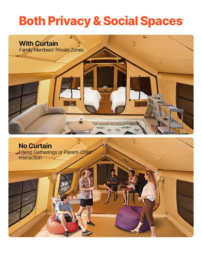 Uppblåsbara tält för camping, 8-12 personers lättmonterat uppblåst tält med handpump, 4 säsonger lyxigt glampingtält med 2 takfönster, tak, spisuttag, 2 dörrar och nätfönster (inkluderar förvaringsväska)