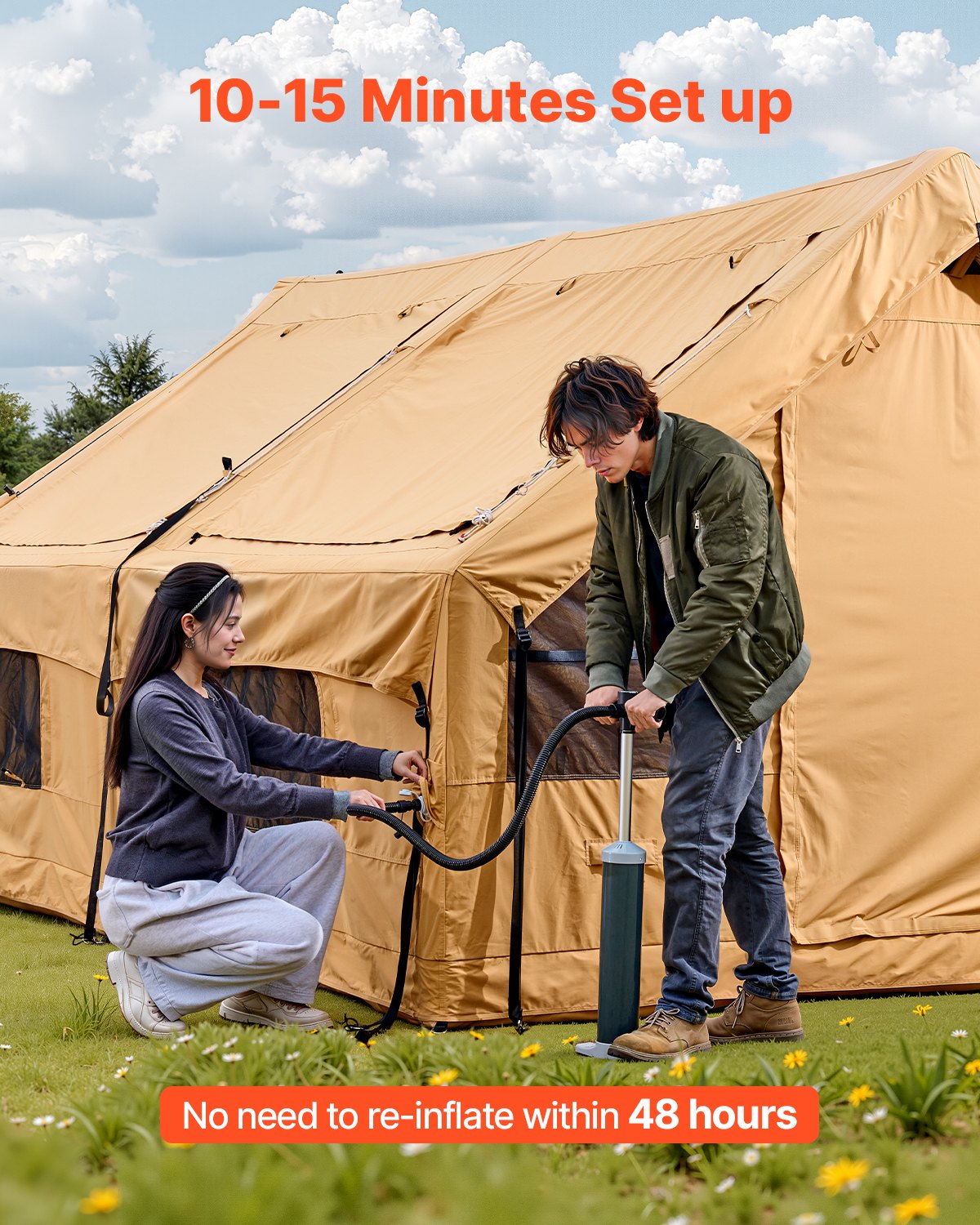 Uppblåsbara tält för camping, 8-12 personers lättmonterat uppblåst tält med handpump, 4 säsonger lyxigt glampingtält med 2 takfönster, tak, spisuttag, 2 dörrar och nätfönster (inkluderar förvaringsväska)
