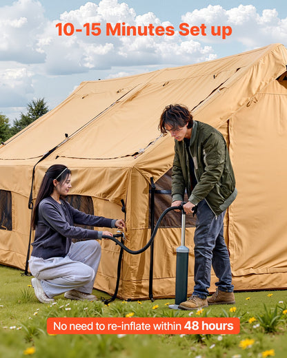 Uppblåsbara tält för camping, 8-12 personers lättmonterat uppblåst tält med handpump, 4 säsonger lyxigt glampingtält med 2 takfönster, tak, spisuttag, 2 dörrar och nätfönster (inkluderar förvaringsväska)