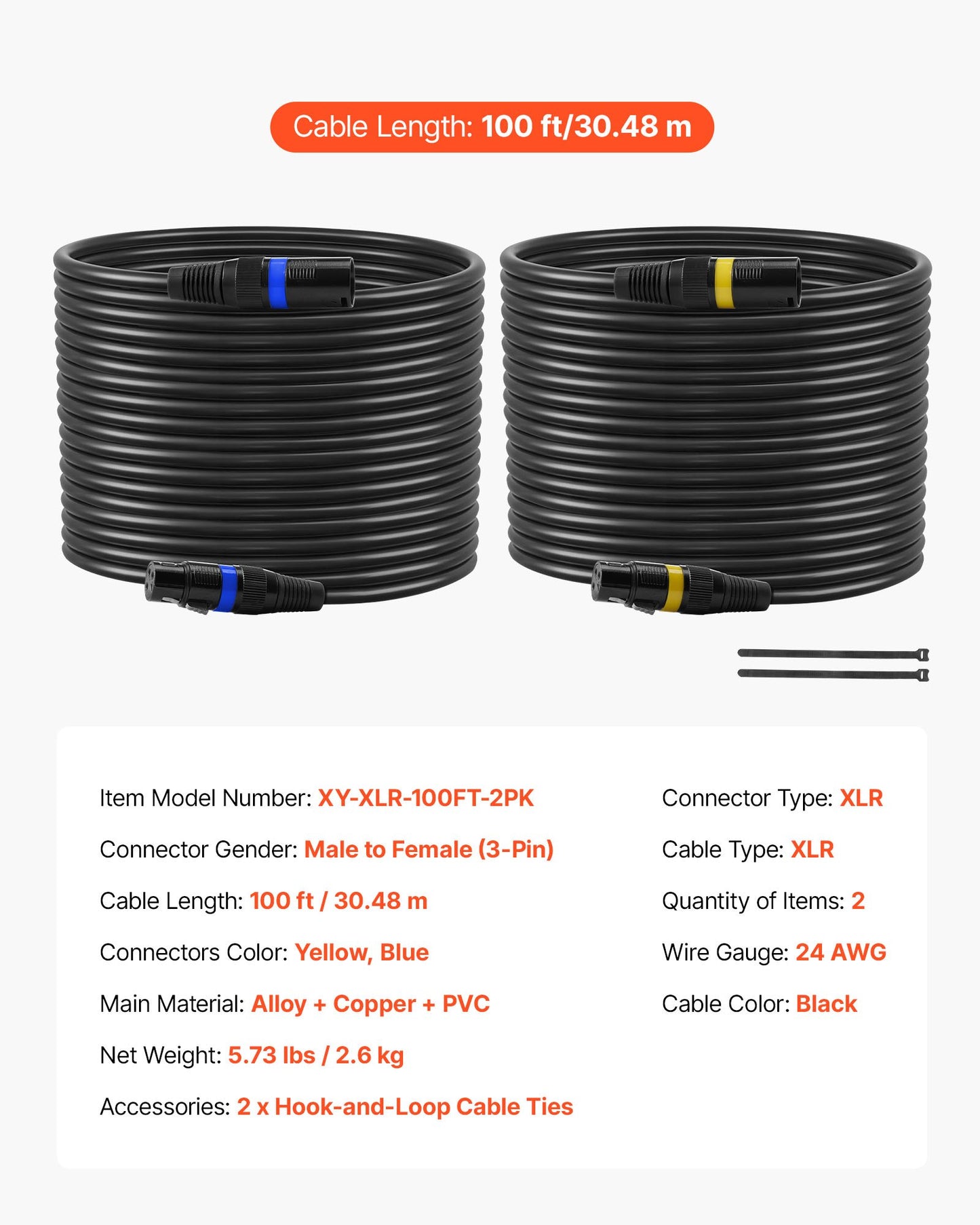 XLR Cable 30.48 m, 2 Pack, Shielded Balanced DMX Male to Female Microphone Cables, Gold-Plated 3-Pin XLR Mic Speaker Cord Wire, for Stage Lighting, Microphones, Amplifier, Mixer, Speaker Systems