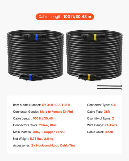 XLR Cable 30.48 m, 2 Pack, Shielded Balanced DMX Male to Female Microphone Cables, Gold-Plated 3-Pin XLR Mic Speaker Cord Wire, for Stage Lighting, Microphones, Amplifier, Mixer, Speaker Systems