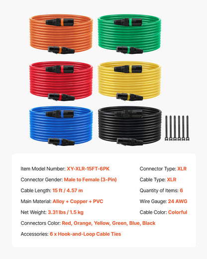 XLR Cable 4.57 m, 6 Pack, Shielded Balanced DMX Male to Female Microphone Cables, Gold-Plated 3-Pin XLR Mic Speaker Cord Wires, for Stage Lighting, Microphones, Amplifier, Mixer, Speaker Systems