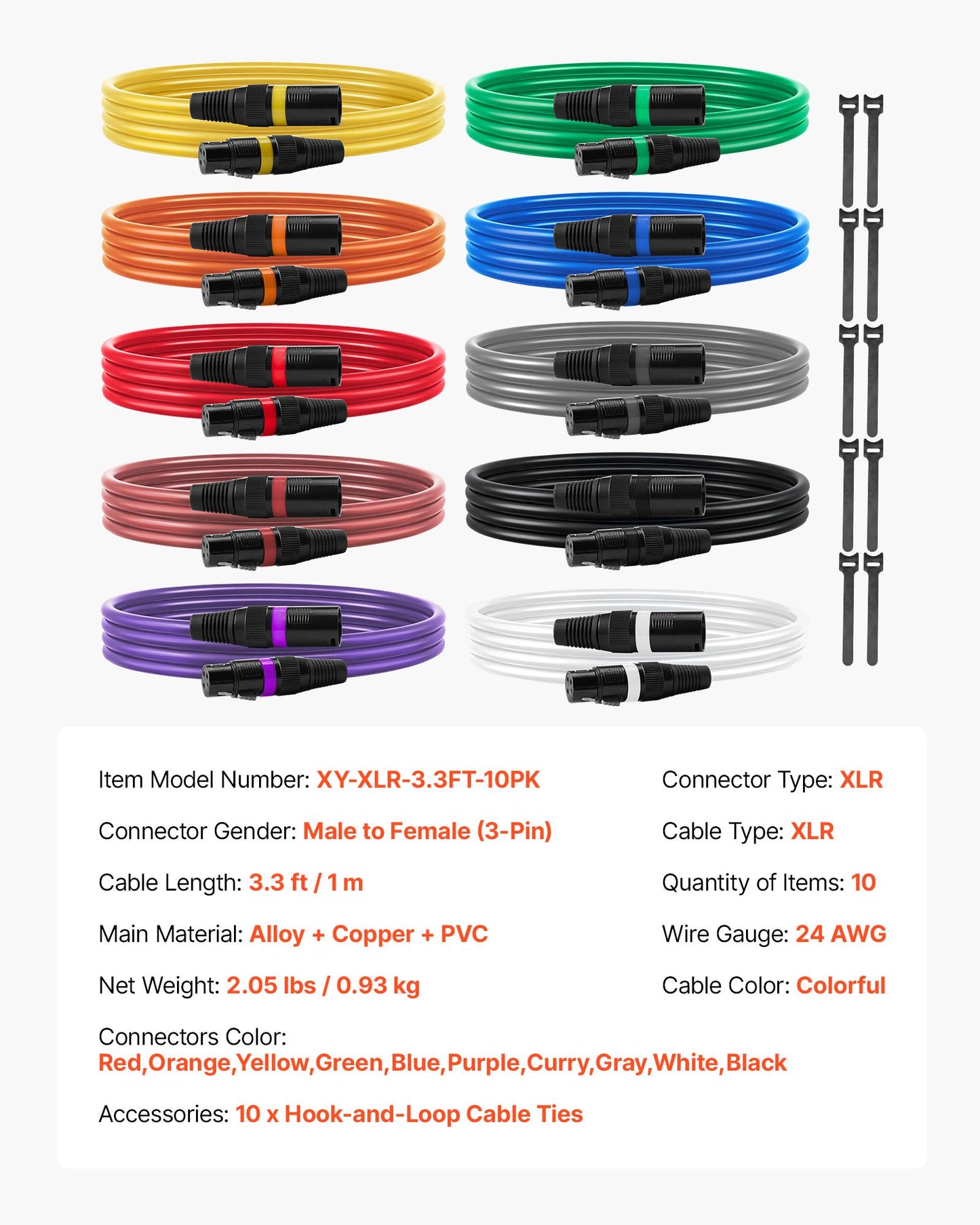 XLR Cable 1 m, 10 Pack, Shielded Balanced DMX Male to Female Microphone Cables, Gold-Plated 3-Pin XLR Mic Speaker Cords Wires, for Stage Lighting, Microphones, Amplifier, Mixer, Speaker Systems