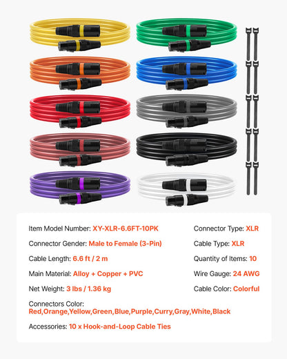XLR-kabel 2 m, 10-pack, skärmade balanserade DMX-hane-till-hona-mikrofonkablar, guldpläterade 3-poliga XLR-mikrofonhögtalarkablar, för scenbelysning, mikrofoner, förstärkare, mixer, högtalarsystem