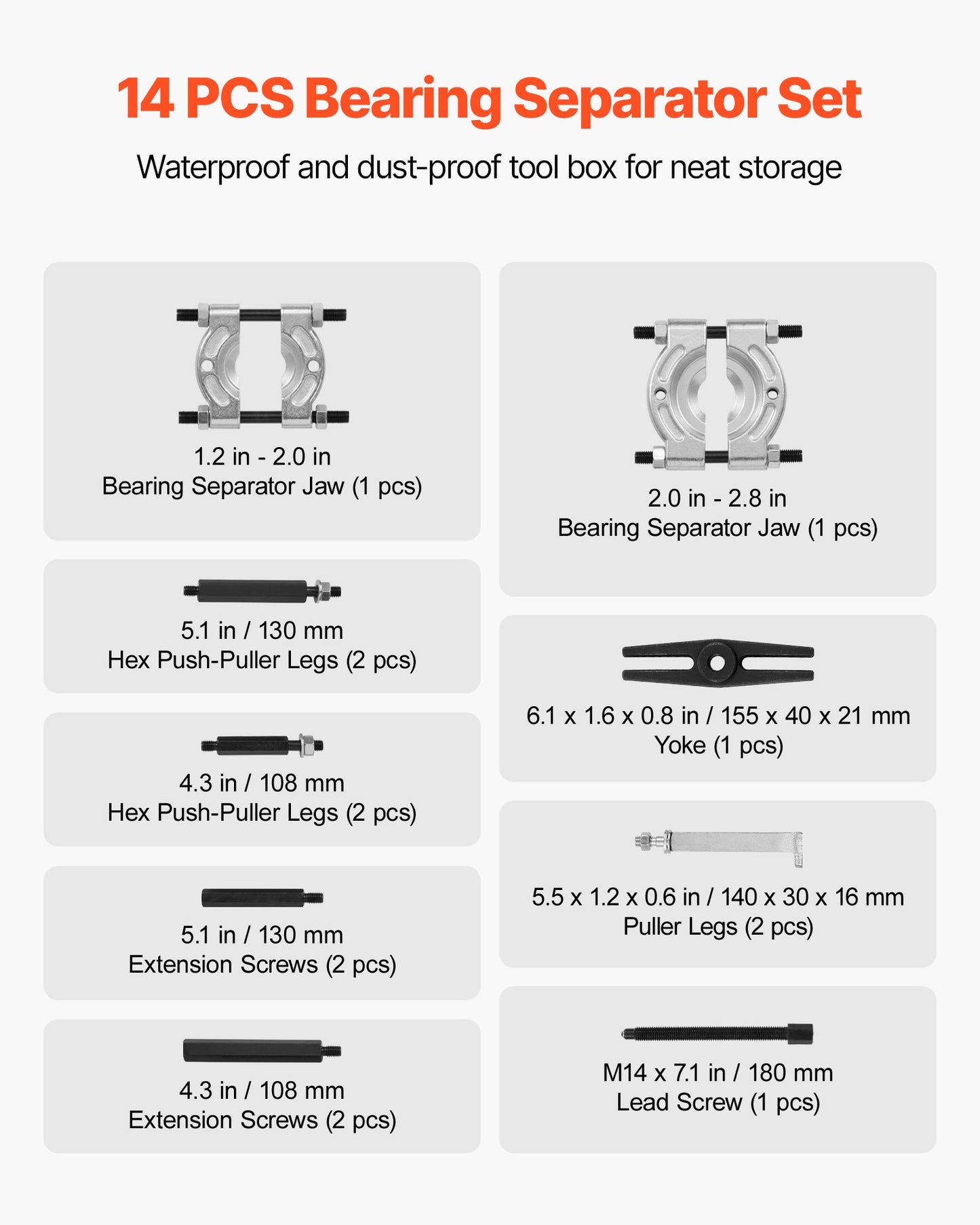 Bearing Puller Kit, 14-Piece 5 Ton Capacity Bearing Separator, Pinion Wheel Bearing Removal Kit with 50 mm and 70 mm Jaws, Bearing Puller Set, Heavy Duty Bearing Splitter Tool Kit with Case