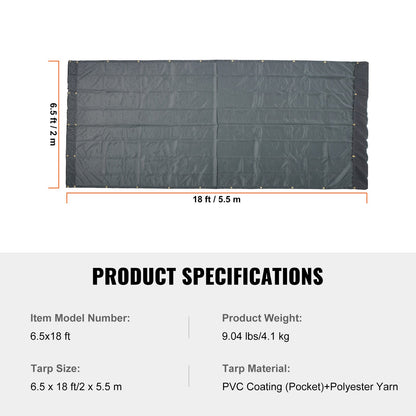 Dump Truck Mesh Tarp, 6.5x18 ft, PVC Coated Black Heavy Duty Cover with 5.5" 18oz Double Pocket, Brass Grommets, Reinforced Double Needle Stitch Webbing Fits Manual or Electric Dump Truck System