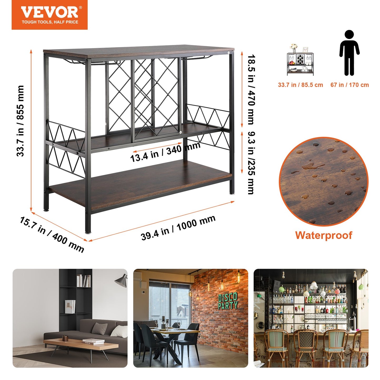 40 tums industriellt barskåp, vinbord för sprit och glas, skänk med buffé och glashållare, fristående barskåp i lantlig trästil för vardagsrum, hemmabar