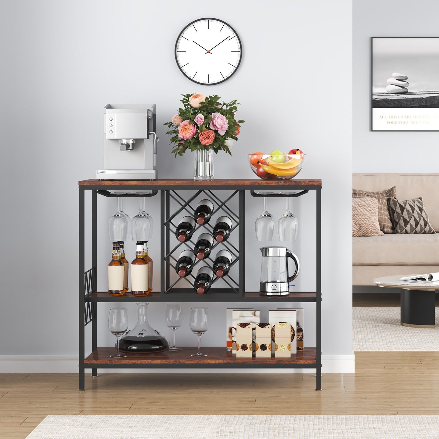 40 tums industriellt barskåp, vinbord för sprit och glas, skänk med buffé och glashållare, fristående barskåp i lantlig trästil för vardagsrum, hemmabar