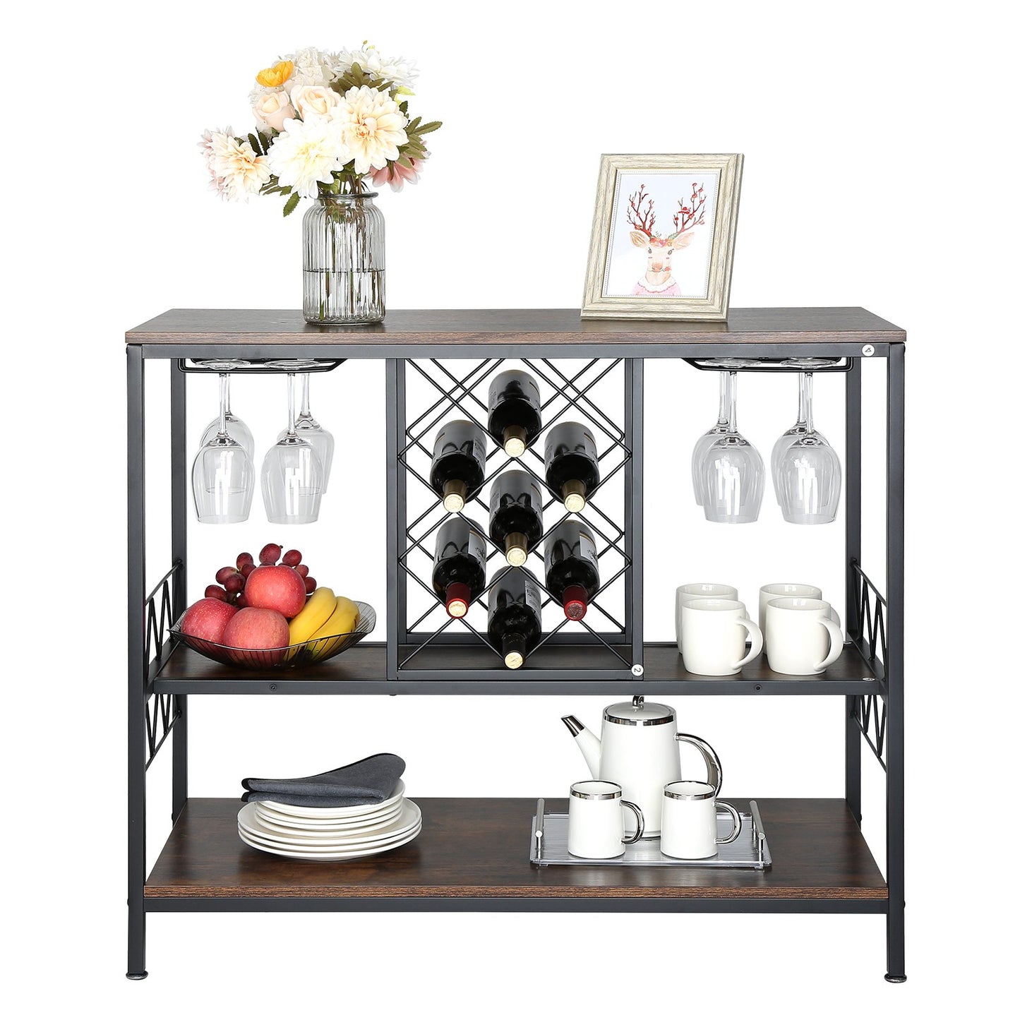 40 tums industriellt barskåp, vinbord för sprit och glas, skänk med buffé och glashållare, fristående barskåp i lantlig trästil för vardagsrum, hemmabar