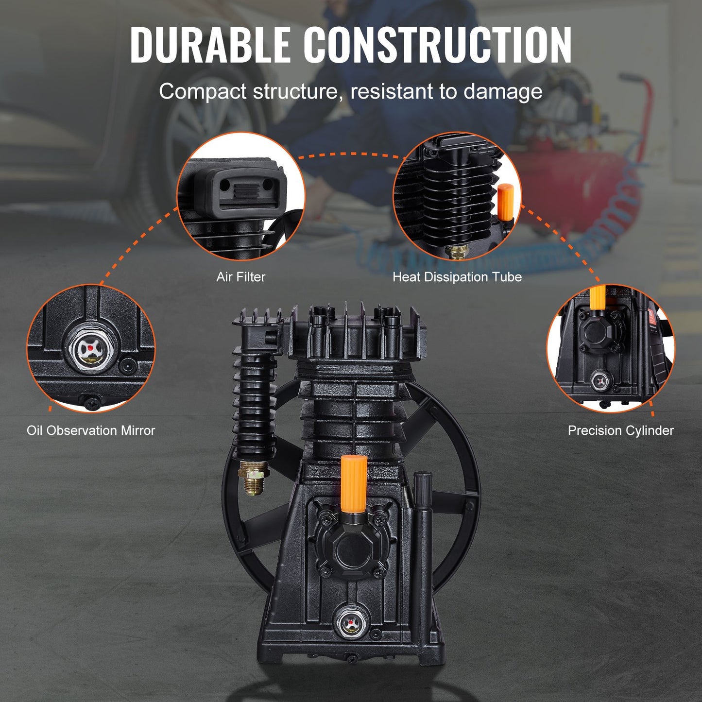 Air Compressor Pump Head, 3HP 5.8CFM @ 90PSI, Twin Cylinder Oil Lubricated Air Compressor Piston Pump Head, Single-Stage Aluminum Air Compressor Pump Replacement with Max. 116PSI Pressure