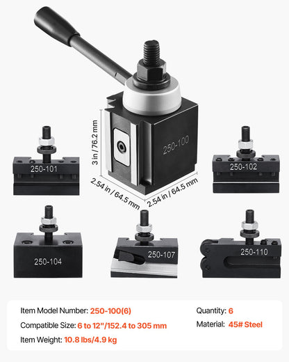 Snabbväxlingsverktygsstolpe, 6 delar, inkluderar svarvhållare, kilformad verktygsstolpe med tillbehör till svarvverktygshållare, passar för minisvarv och metallsvarv, 6"-12" sväng, hållbart stålmaterial