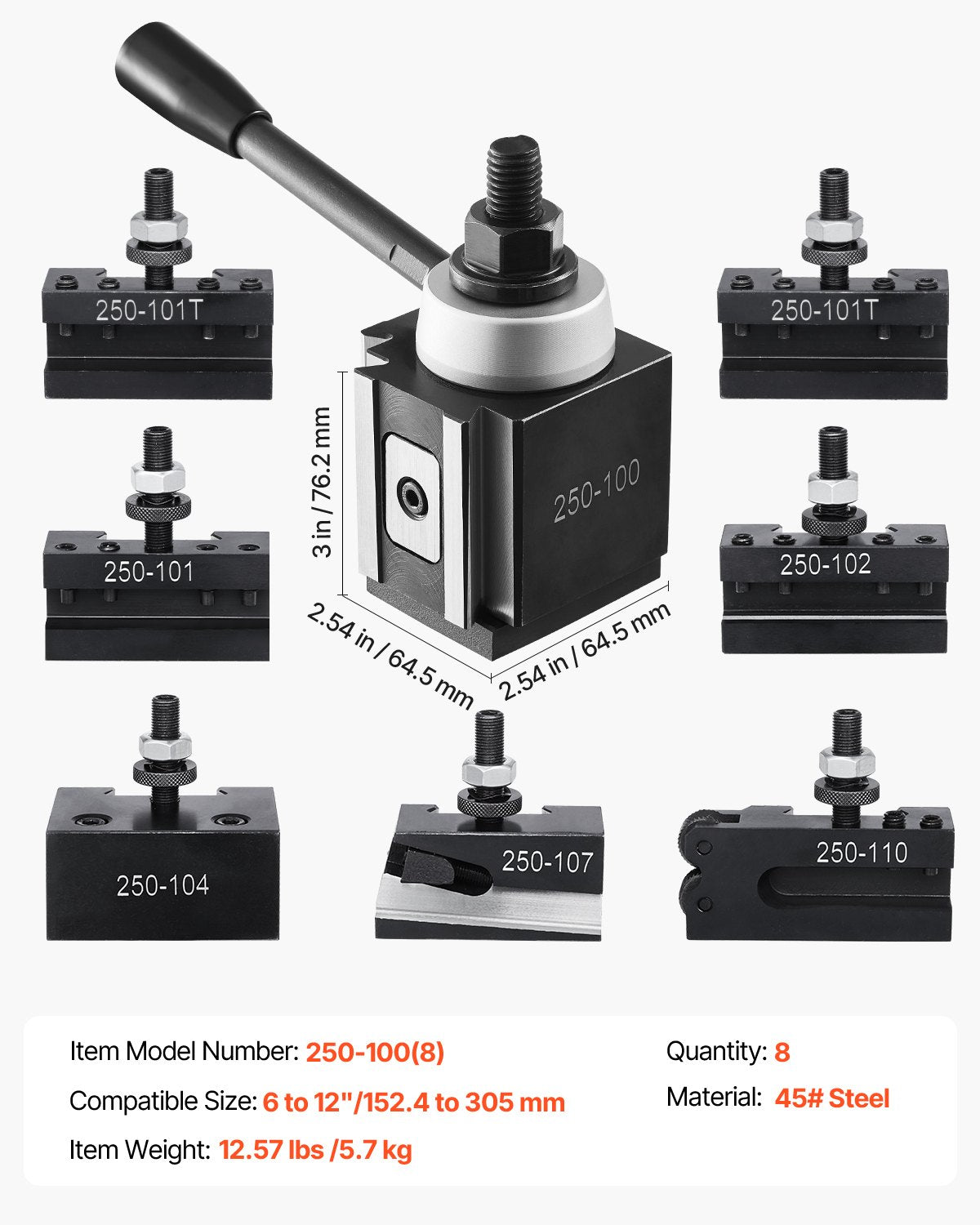 Snabbväxlingsverktygsstolpe, 8 delar, inkluderar svarvhållare, kilformad verktygsstolpe med tillbehör till svarvverktygshållare, passar för minisvarv och metallsvarv 152–305 mm (6"–12") sväng, hållbart stålmaterial