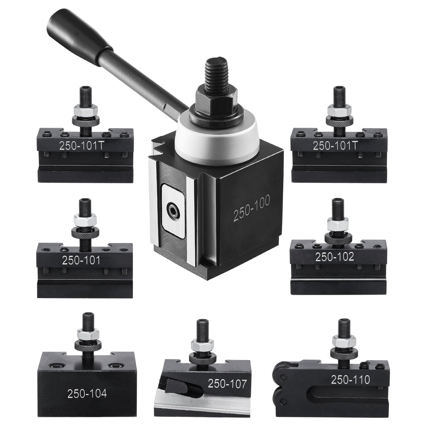 Snabbväxlingsverktygsstolpe, 8 delar, inkluderar svarvhållare, kilformad verktygsstolpe med tillbehör till svarvverktygshållare, passar för minisvarv och metallsvarv 152–305 mm (6"–12") sväng, hållbart stålmaterial