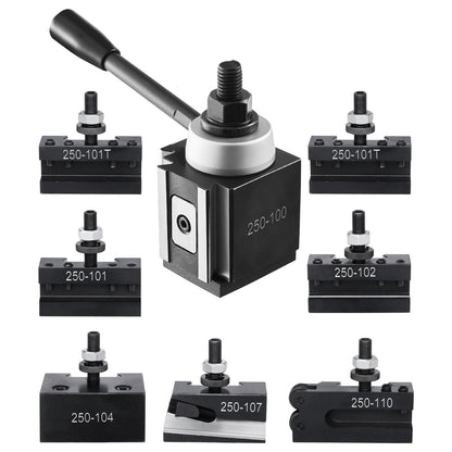 Snabbväxlingsverktygsstolpe, 8 delar, inkluderar svarvhållare, kilformad verktygsstolpe med tillbehör till svarvverktygshållare, passar för minisvarv och metallsvarv 152–305 mm (6"–12") sväng, hållbart stålmaterial